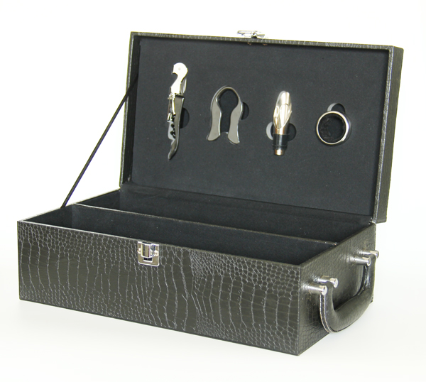 黑色鳄鱼皮双支装红酒皮盒