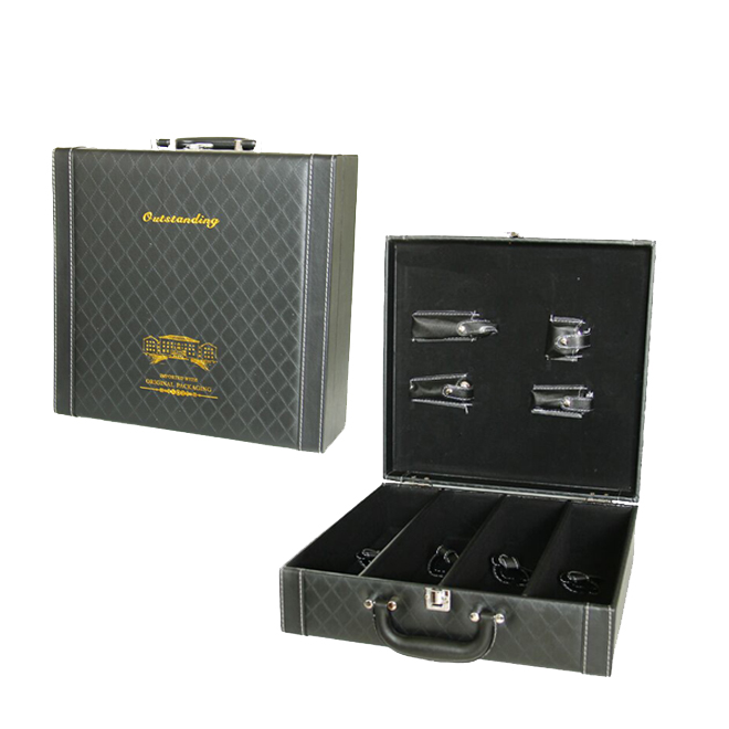 四支装黑色格子红酒皮盒